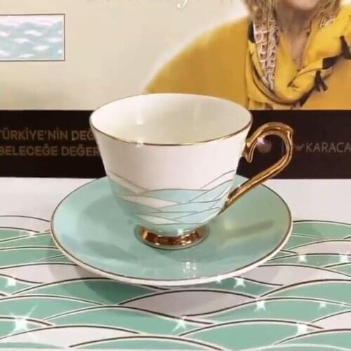 Turkish Blue Coffee Cups Set 2 Piece Porcelain With Gold Handle Espresso Arab Greek Glass Drinkware Small Mug