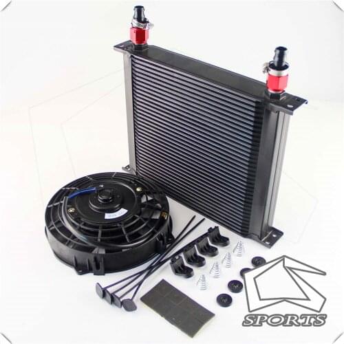 10-AN Universal 34 Row ENGINE Oil Cooler with fittings + 7" Electric Fan Kit Black