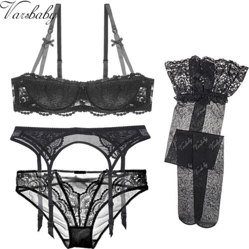 Varsbaby letter stockings half cup sexy lace bra sets for women 4 piece/lots
