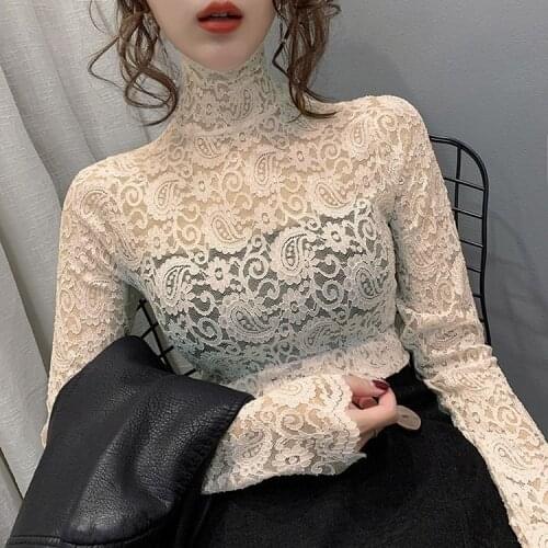 Womens Lace Turtleneck Grenadine Tight Lace Shirt Sexy Top Blusas Ropa De Mujer