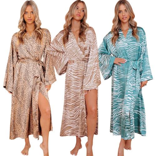 Women Satin Bathrobe Fashion Printed Kimono Sexy V-neck Night Robe Comfortable Soft Pajamas Sleepwear Mujer Nightgown
