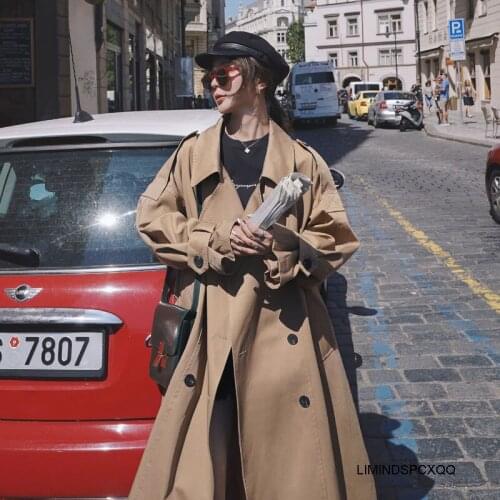 Fashion Korean Style Oversized Womens Trench Coat Double-Breasted Long With Belt Office Lady Windbreaker Spring Autumn Cloak