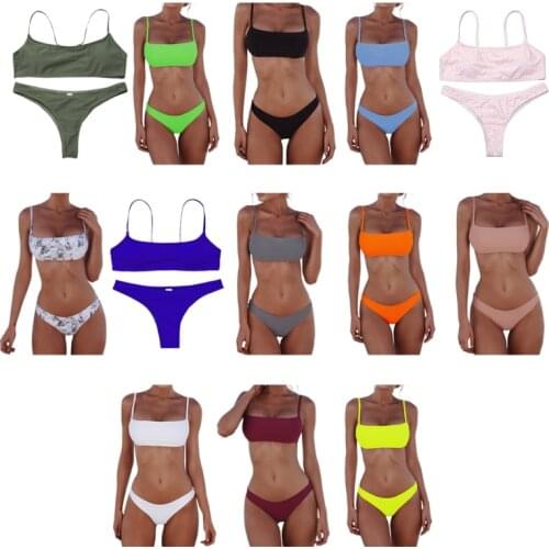 Women Sexy Push Up Bra Low Waist Thongs Solid Color Bikini Set Triangle Swimsuit G99D
