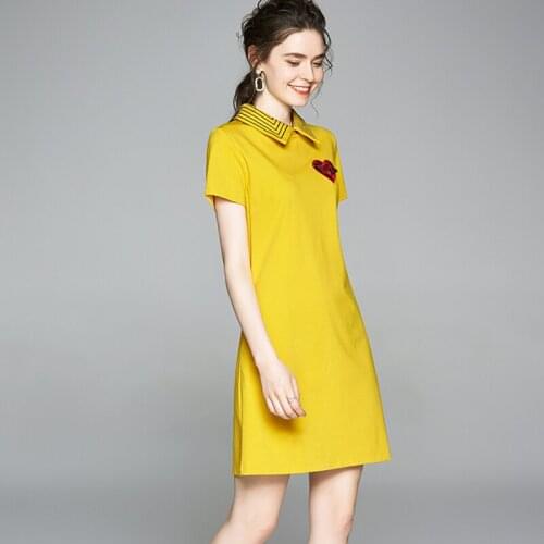 2021 New Summer Fashion Casual black Dress Elegant Turn-down Collar Short Sleeve Slim Love Embroidery Brooch Womens Mini Dress