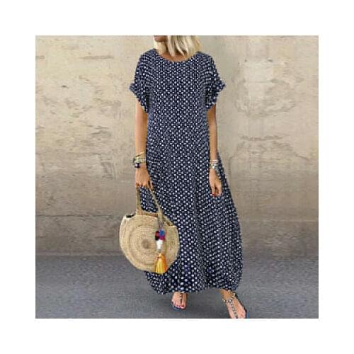 Women Short Sleeve Polkas Dot Shirt Dress Long Maxi Dress Loose Sundress Plus -OPK