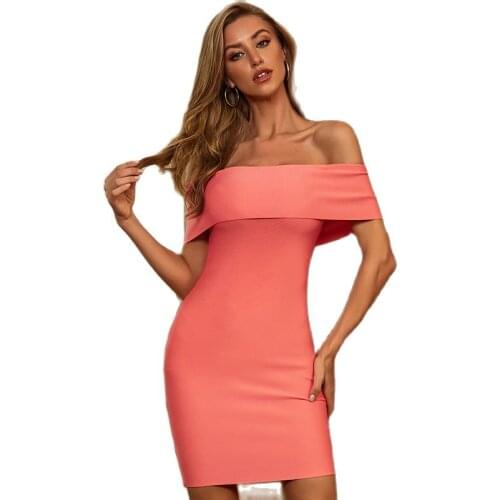 2020 Women Sexy Off Shoulder Orange Short Sleeve Mini Bodycon Bandage Dress Summer Chic Evening Celebrity Party Dress Vestido