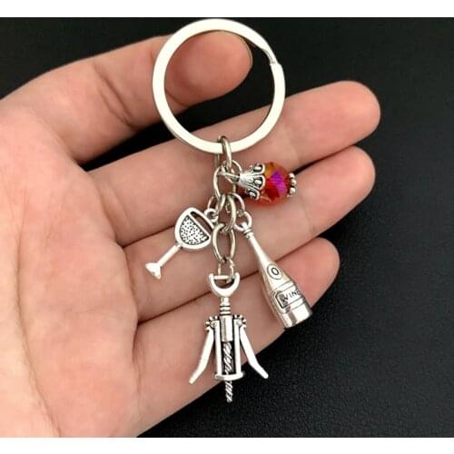 1pc Red Wine Glass Charm Keychain Cheers Jewelry GIfts For Wine Lover Wine Bottle Opener Charm Red Beads Keyring