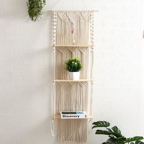 1Pc Nordic Bohemian Hand-woven Tassel Tapestry Shelf Home Living Room Wall Hanging Flower Pot Storage Rack