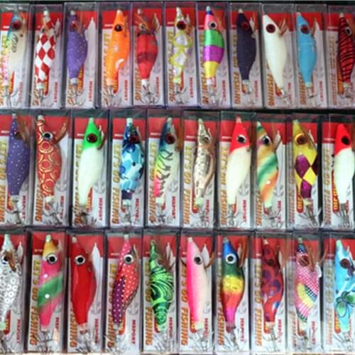 10Pcs Squid Jig Fishing Bait Wood Shrimp Lure 9G 10CM Octopus Cuttlefish Random Color
