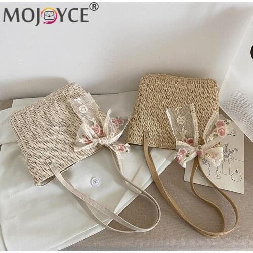 2021 Beach Shoulder Bow Bags Handbag Vintage Women Woven Lace Ribbon Solid Color Large Capacity Tote Shoulder Bags