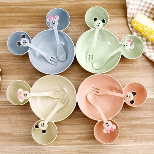 3 Pcs Children Plates Children Baby Bamboo Tableware Solid Feeding Mickey Dishes Baby Bowl Plate Food Feeding Dinnerware Set