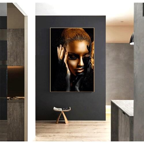 CNPAINTING Canvas Painting Wall Art Figure African Art Black And Gold Woman Poster Prints Picture For Living Room Home Decor