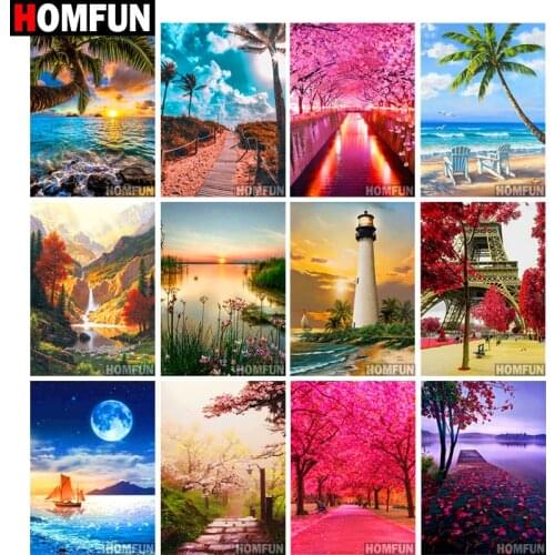 HOMFUN Diamond Painting Full Square/Round Drill 5D DIY "Waterfall Sunset Sea" Daimond Embroidery Rhinestone Cross Stitch Decor