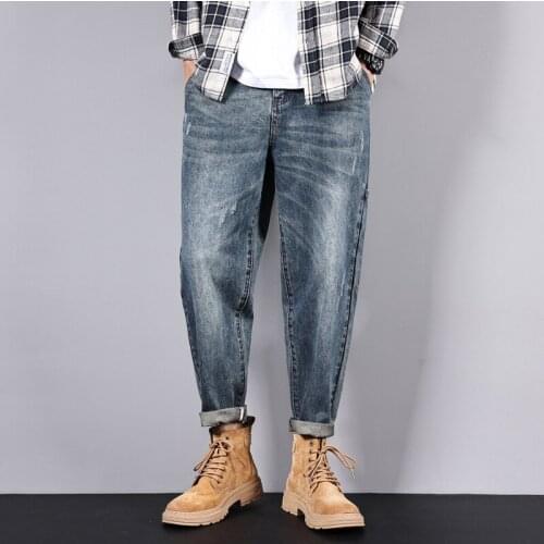 Wide Leg Pants Men Baggy Jeans Loose Fit Harem Large Pants Blue Fashion Back Pockets 2021 Summer Autumn New Jeans for Men