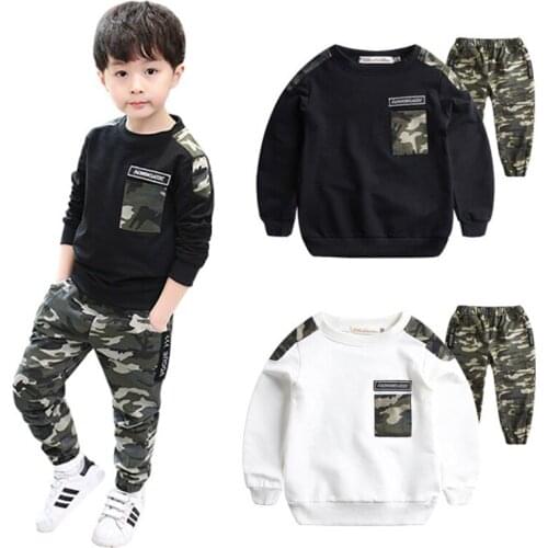 Cotton Boy Clothes Autumn Camouflage Pattern Long Sleeve Casual T-shirt Tops Pants Outfits Set 7