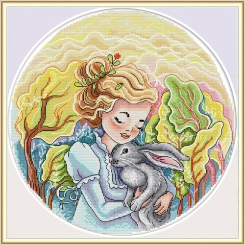 Joy Sunday Cross Stitch Stamped Kits Girl and Rabbit Embroidery Needlework Sets 11CT 14CT Patterns Counted Cross-Stitching Kits
