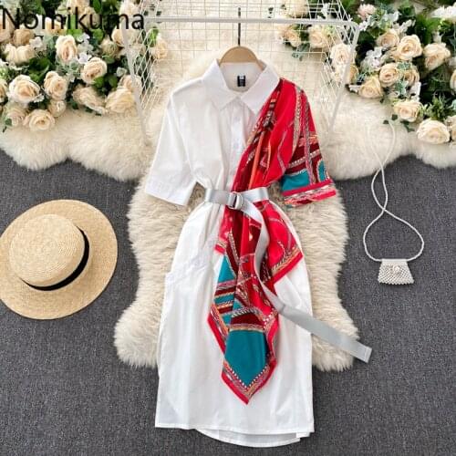 Nomikuma Korean Patchwork Elegant Short Sleeve Women Dress Belt Slim Waist Vestidos Femme 2021 Spring Summer New Dresses 6E823