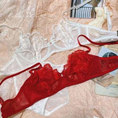 Sexy ultra-thin bra set plus size see-through lace mesh gauze big breasts gathers seamless triangle cup lingerie set plus size