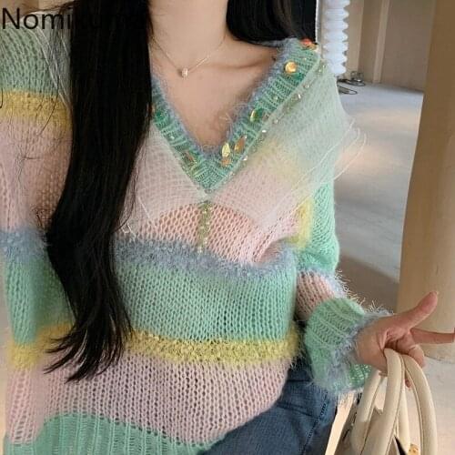 Nomikuma 2021 Autumn New Vintage Pullover Gauze Patchwork Korean Style Sequined Long Sleeve Loose Sweater Women Sueter Mujer