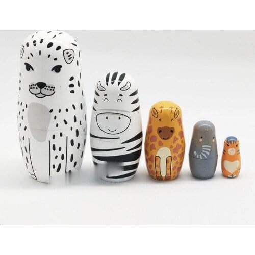 2021 Five-layer Leopard Russian Matryoshka Birthday Gift Wooden Toy Craft Gift Valentines Day Gift Home Decoration 14.5X6.5cm