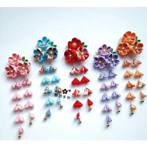 Sakura Tsumami zaiku Kanzashi Hairpin Hanfu Kimono Yukata Tassels Bell Hair Clip Girls Hair Accessories Ancient Style Cosplay