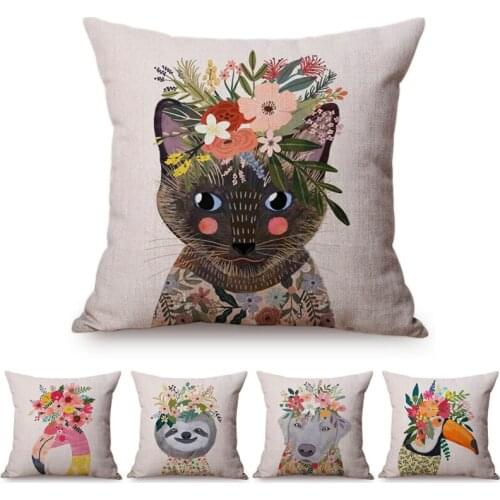 Cute Watercolor Painting Cat Flamingo Dog Kids Nursery Art Room Decorative Throw Pillow Case Cotton Linen Animal Cushion Cover