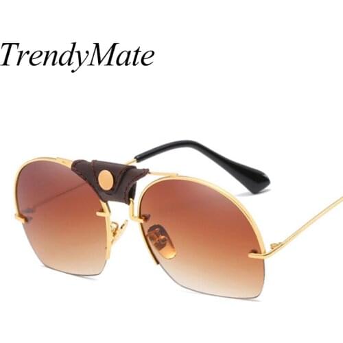 Half Frame Sunglasses Women 2018 Luxury Metal Gradient Oversized Sun glasses for Women Men Shades Oculos UV400 Brown 1519T