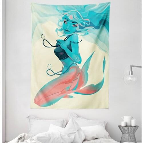Mermaid Modern Tapestry Abstract Tones Myth Character Satin Fabric Wall Hanging for Bedroom Living Room Dorm Meeting Background