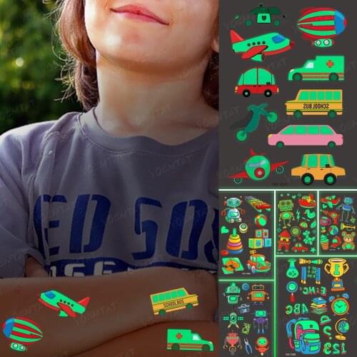 Luminous Glitter Tattoo Stickers Car Airplane Bus Children Temporary Waterproof Traffic Tatto Body Art Kid Cartoon Fake Tatoo