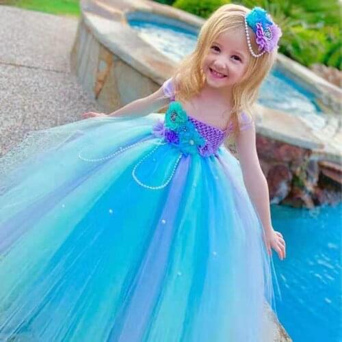 Girls' Blue Flower Crochet Tulle dress with childrens birthday party dress