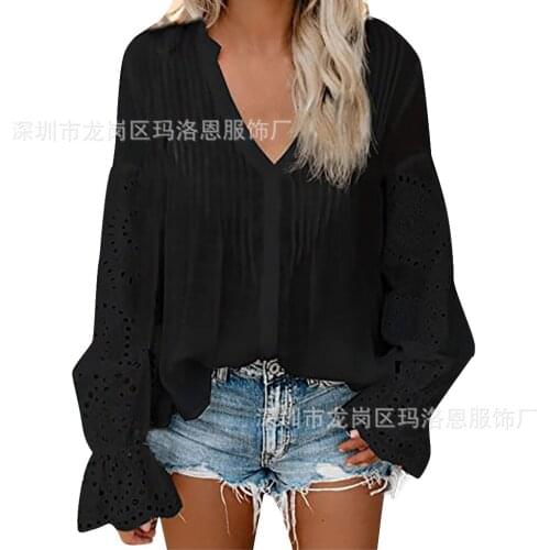 European Style Hollow Out Woman Blouse Long Sleeve Shirts Female V-neck Womens Tops Dropshipping Shirt