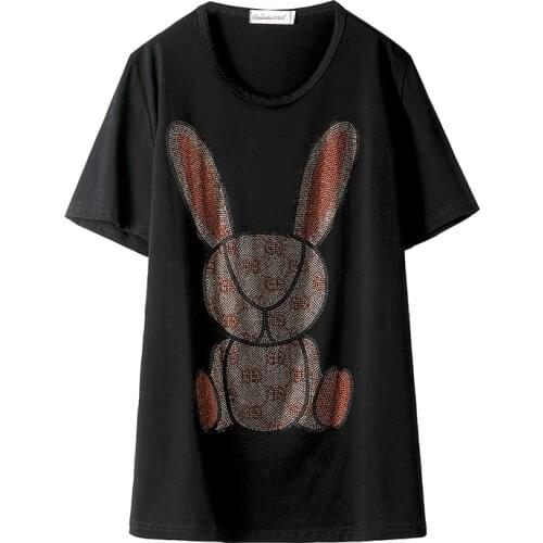 Women Diamond Bunny Design T Shirt Cotton Ladies Black Shirt 2020 Fashion Rabbit Style Hot Drill Rhinestone Top Tees Clothes