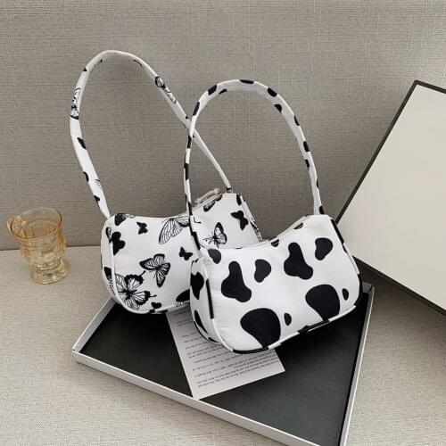 Vintage Women Canvas Butterfly Cow Printing Casual Shoulder Underarm Bag Ladies Handbags Female Travel Simple Top-handle Bags