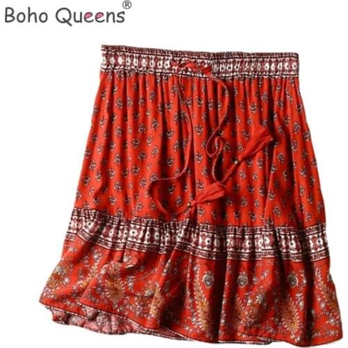 Boho Queens Hippie women red floral printed beach Bohemian skirt ladies rayon cotton elestic waist mini boho skirts