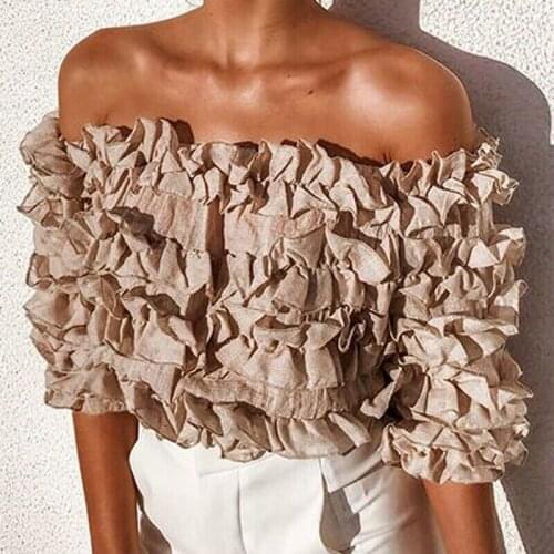 Women Sheer Blouse Ruffle Puff Long Sleeve Shirt Loose Casual Lace Crop Top Women Chiffon Shirts