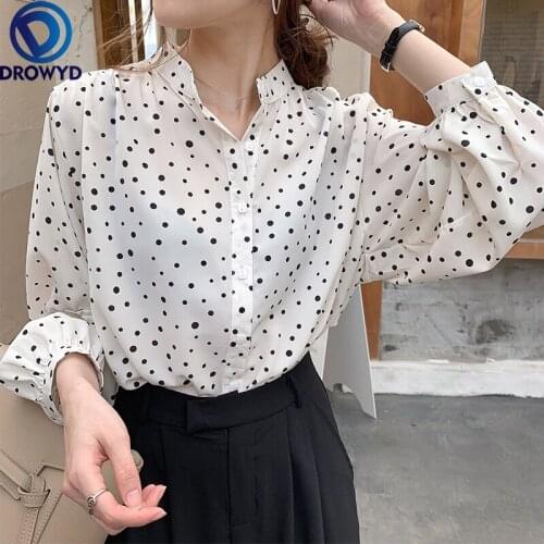2021 Spring New Plus Size Women Clothing Polka Dot Chiffon Shirt Women Tops Korean White Shirts Long Sleeve Loose Cardigan Shirt