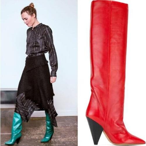 Fashion Brand Pointed Toe Laith Knee High Boots Spike Heels Sexy Ladies Shoes Woman Leather Winter Rain Boots High Heels Blue