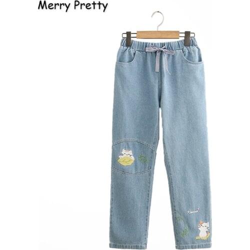 Womens Denim Pants Cartoon Cat Embroidery Pockets Jeans For Girl 2020 Spring New High Waisted Casual Straight Pant MERRY PRETTY