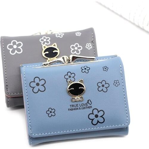 2020 Metal Cat Decortive Women Small Wallets PU Leather Fold Flower Wallets ladies Girls Coins Purse Card Holder