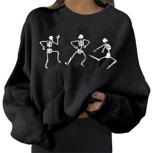 Funny Dancing Skeleton Printed Hoodies For Women Halloween Korean Fashion Streetwear Oversized Hoodie Sweatshirts O-neck Moletom