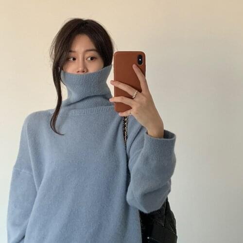 Drop-shoulder Sleeves High Neck Skin-friendly Solid Color Loose Sweater Women 2020 Winter Korean Fashion All-match Knitted Top