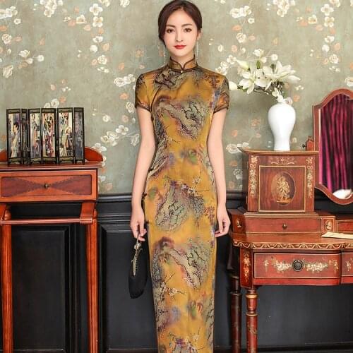 New Spring and Summer Fashion Chinese Style Large Size Mother Dress Stand-up Collar High Slit Cheongsam Dress Satin Dress
