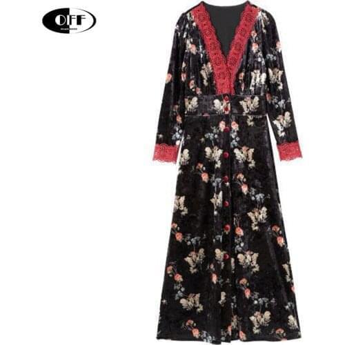 French Vintage Midi Dress Women Elegant Floral Velvet Long Sleeve Patchwork Lace Up V-Neck Retro Black Lady Dresses Female Robes