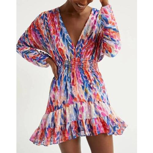 Balauren Hot sale Chiffon color printed dress summer 2021 new personality V-neck personality elastic waist A-word skirt