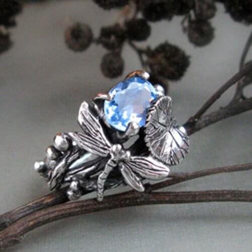 Milangirl New Vintage Leaf Dragonfly Crystal Zircon Ring Copper Rings for Women Anniversary Jewelry