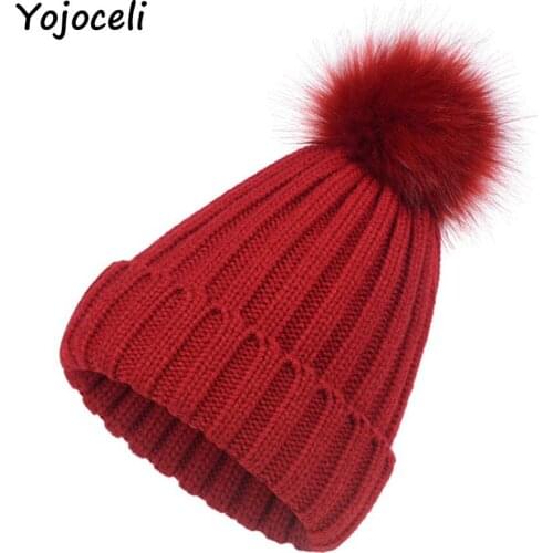Yojoceli Winter new sweater warm womens hat beanie knitted hat bonnet girl 's hat fall female cap with fur pom pom