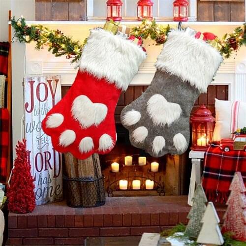 1pcs Christmas Stockings Home Decoration Accessories Plaid Christmas Gift Bags Pet Dog Cat Paw Stocking Socks Xmas Tree Ornament