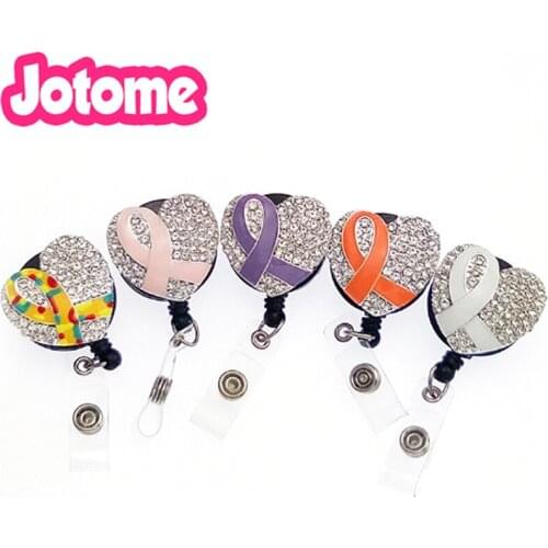 10pcs/lot fashion medical rhinestone heart breast cancer awareness ribbon Retractable ID badge holder reel for nurse