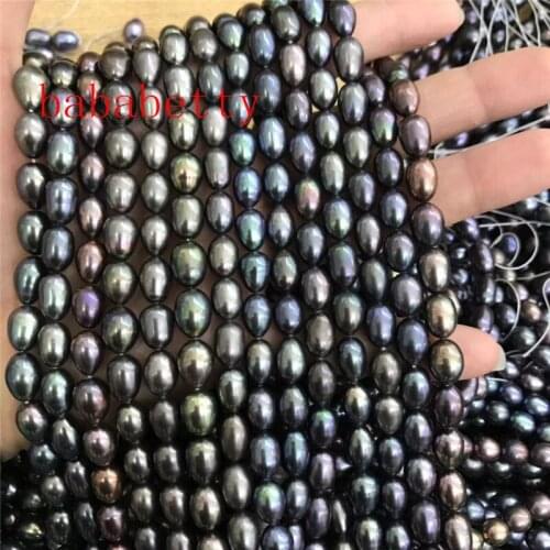 New 6-7mm Real Natural Black Rice Oval Freshwater Pearl Loose Beads Strand 15"AA 2PCS