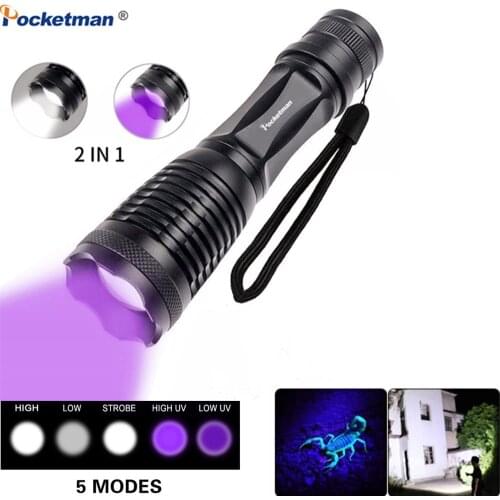 2 In 1 UV Flashlight LED Purple Light Torch 395nm Ultraviolet Urine Detector Waterproof Zoomable Flashlamp For Field Camping